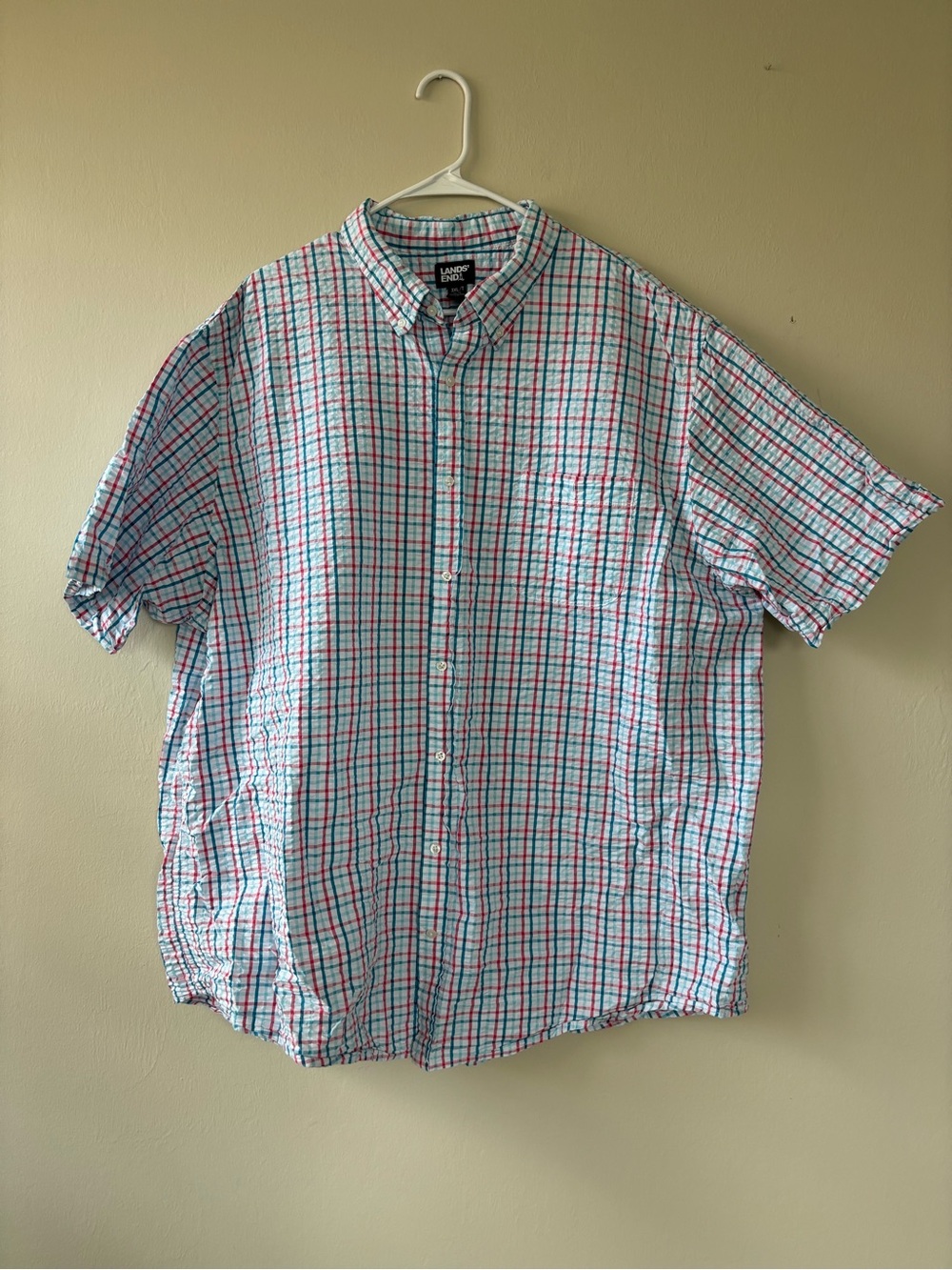 Lands’ End Mens Size 3XL / T Shirt Button Down Red White Blue Short Sleeve
